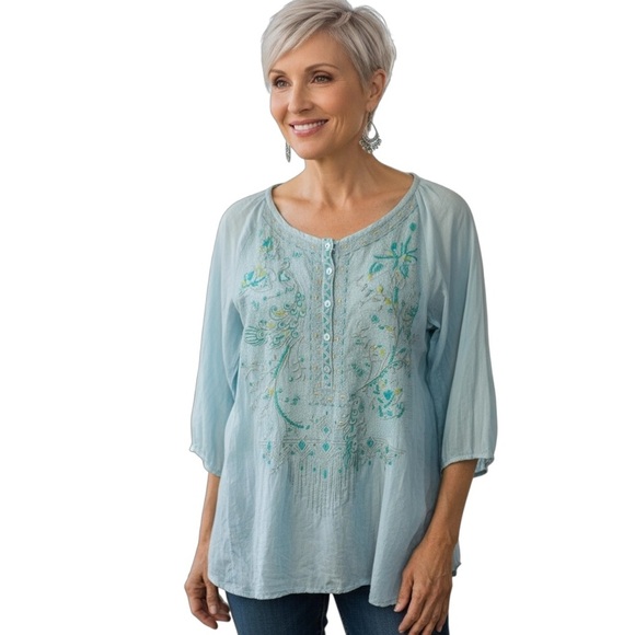 JOHNNY WAS Ice Blue Embroidered Tunic Top - Picture 1 of 12